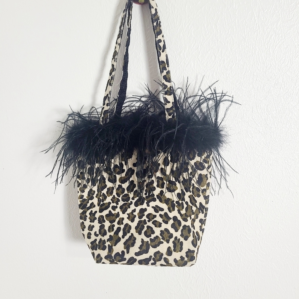 Leopard Print Bag with Black Feather Trim